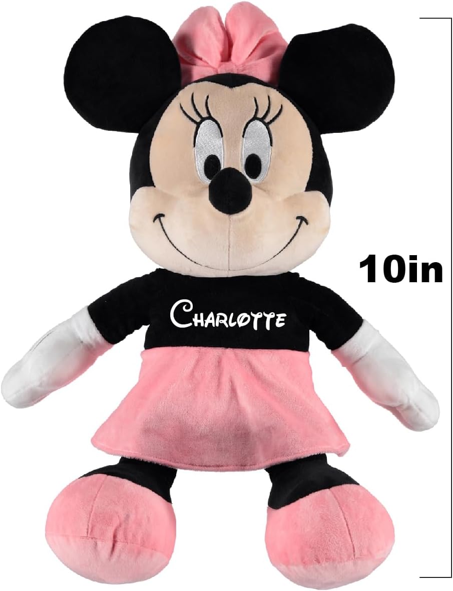 Disney Official Minnie Mouse Personalized Soft Toy for Kids, 10 Inch Cuddly Character with Fuzzy Texture and Embroidered Details, Flexible Floppy Ears, Plushy Suitable for All Ages