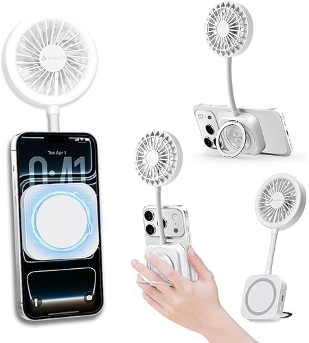 Pursuit Ventilador portátil magnético con anillo de luz de 3 niveles y soporte ajustable de 360, soporte de teléfono manos libres, 1200 mAh, 6000