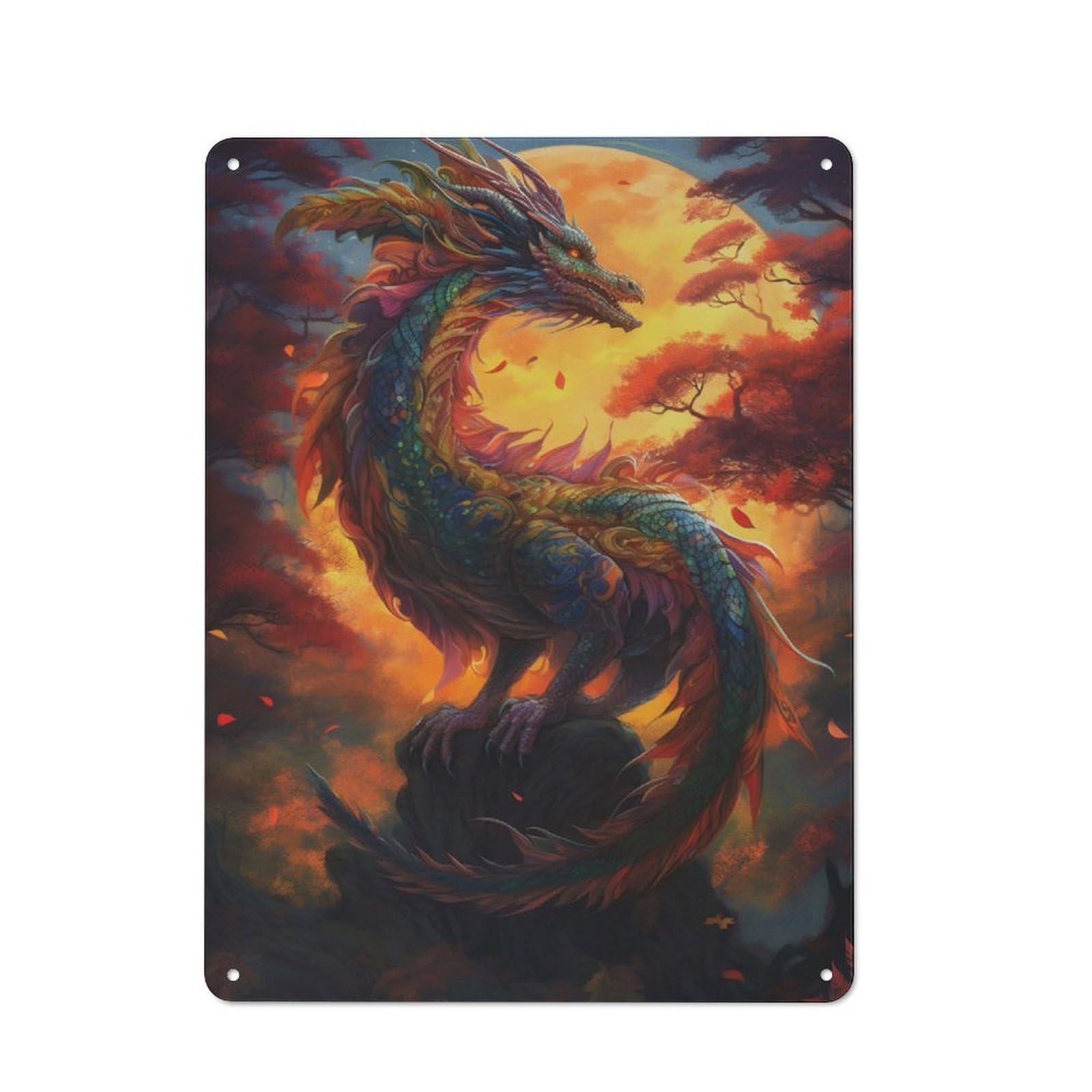 Junmoney Dragon Sunset Understated Decorative Metal Sign 40X30cm Featuring Study Room Decor For Workspace, Cafe, Shop Or Desk Area
