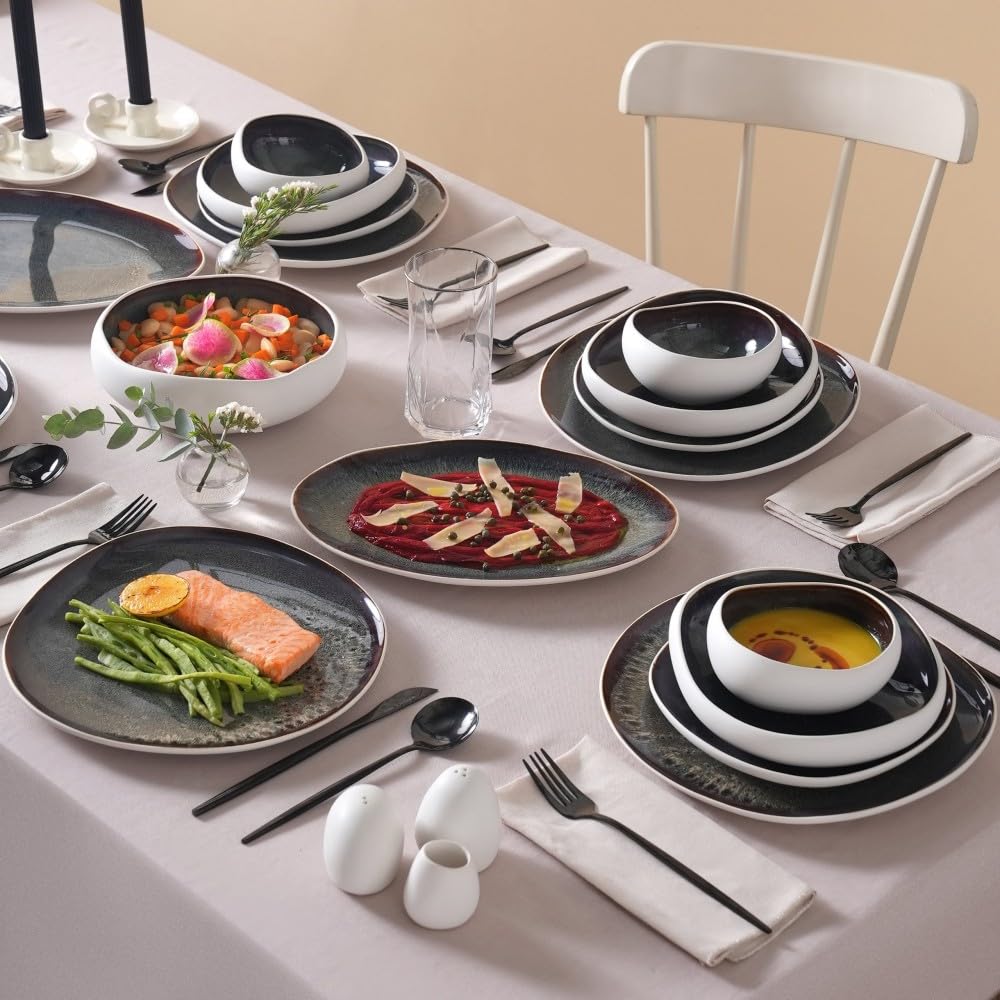 Karaca Earth Collection Galactic 55-tlg Steingut-Geschirrset für 12 Personen, Mehrfarbige Teller Set, Spülmaschinen Geschirr Set, Tafelservice mit Reaktivglasur, Weiß