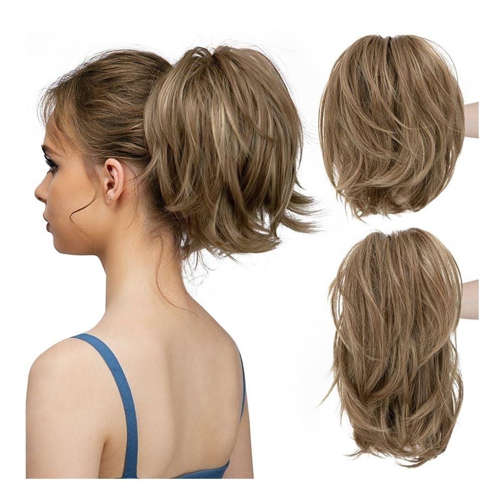 Queue de cheval perruque pince courte chignon bouclé ajustable marron gris
