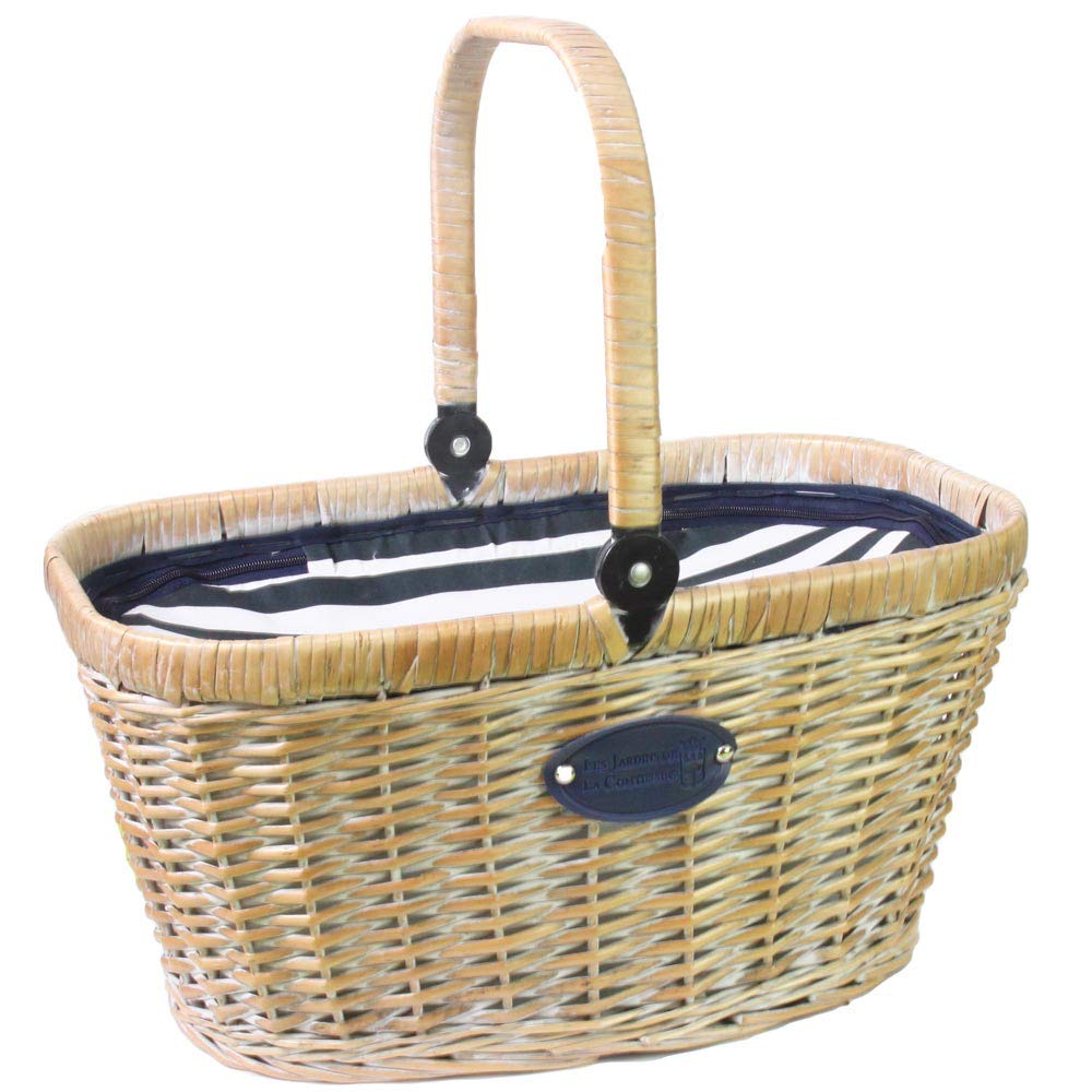 Les Jardins de la Comtesse - Cesta Chantilly Marine de Mimbre Blanqueada - Nevera Isotérmica - para el Mercado, el Picnic o la Playa - Asa Plegable - Tela Azul/Rayas Blancas - 48 cm x 29 cm x 27 cm