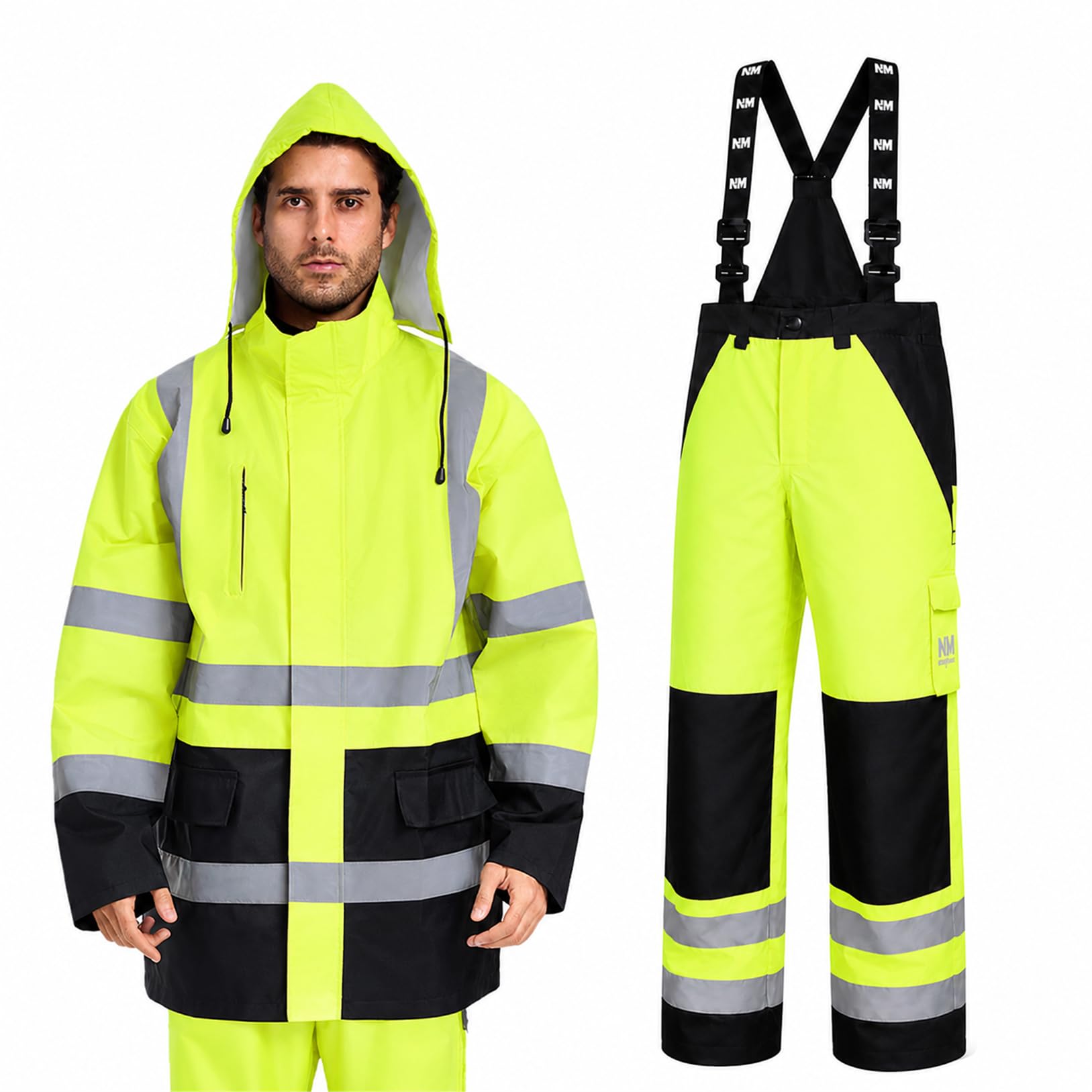 3-Piece Hi-Vis Rain Suit, Safety Jacket with Hood &amp; Bib Overalls