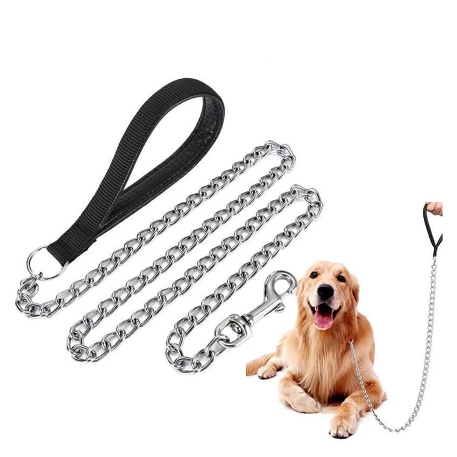Guinzaglio per cani in metallo resistente, anti-morso, con manico morbido, per razze medie e grandi (rosso, 3 mm)