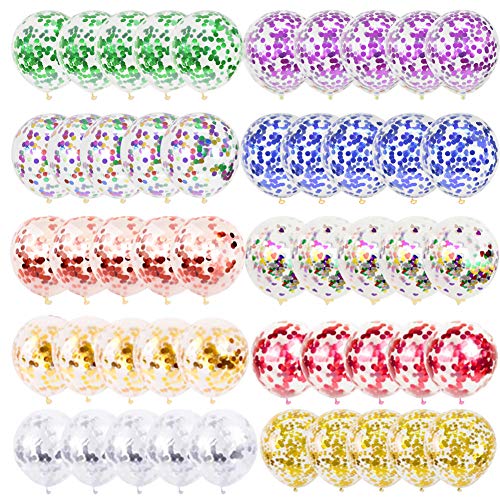 Party Confetti Balloons 50 Pack, 12 Inch Rainbow Confetti Latex Balloons for Birthday Baby Shower Party Decoration