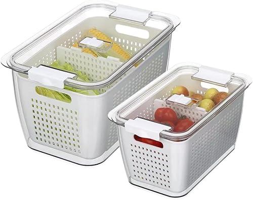 Contenedor de almacenamiento para refrigerador de cocina, paquete de 2 con cestas de drenaje y tapas