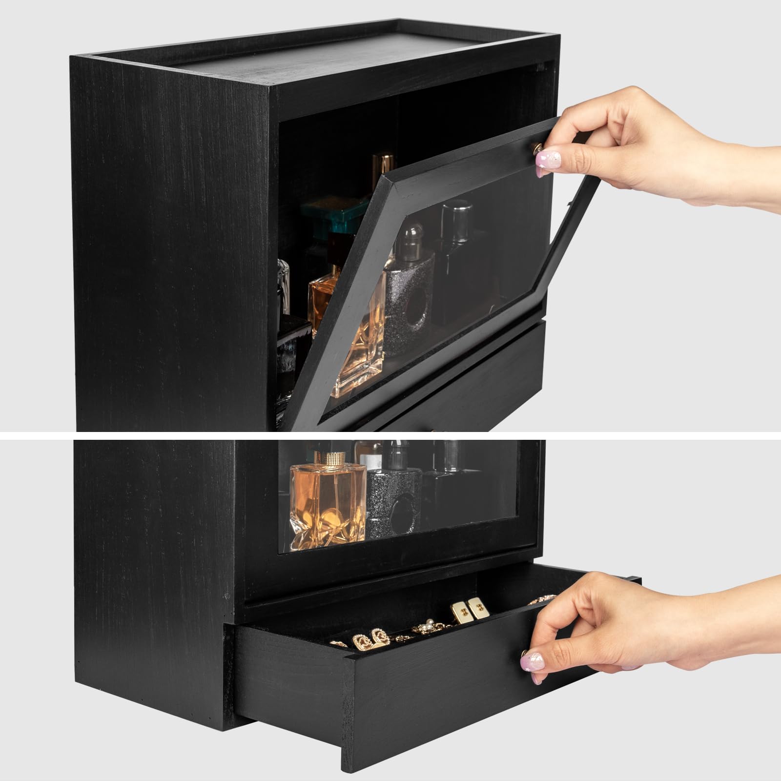 Organizador de Perfumes de Madera con Acrílico y Cajón, Almacena Perfumes Joyas Cosméticos para Hombres Mujeres, Dormitorio Baño Negro | Almacena Perfumes Joyas Cosméticos para Hombres Mujeres, Dormitorio Baño Negro