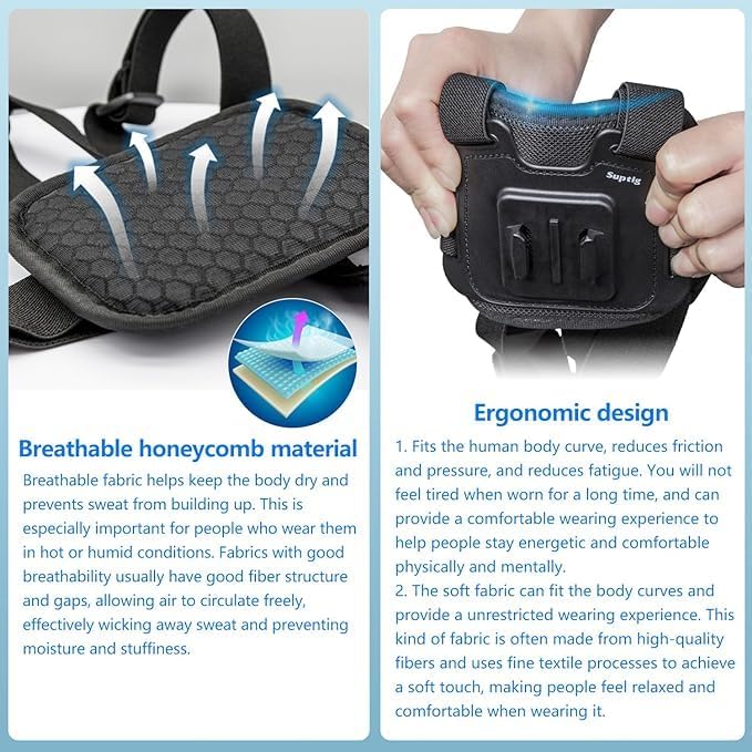 Close-up images illustrating the breathable honeycomb material and ergonomic design of the Suptig Chest Mount.