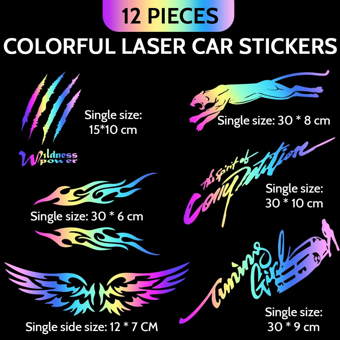 12-częściowy zestaw kolorowych naklejek laserowych, tuningowych naklejek na samochód, motocykl, fajne naklejki na kask motocyklowy, deskorolkę, samochód i motocykl