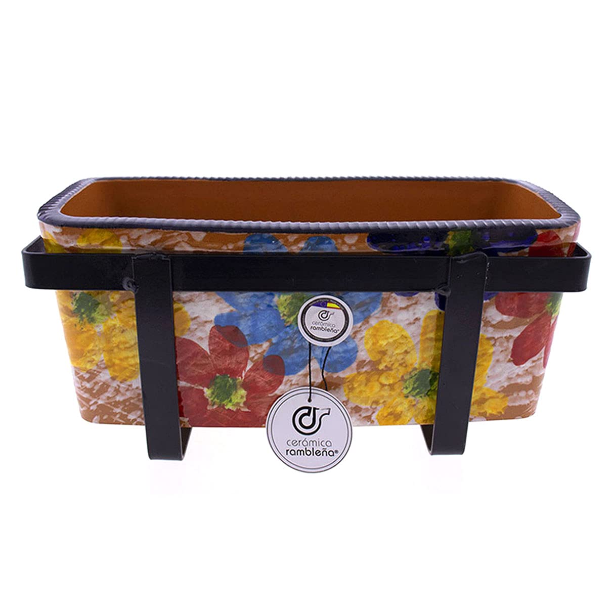 CERÁMICA RAMBLEÑA | Jardinera | Jardinera balcón | Jardinera Exterior | Jardinera Rectangular | Jardinera de cerámica Primavera | 100% Decorada a Mano | 31x13x13 cm | Soporte balcón forja Incluido