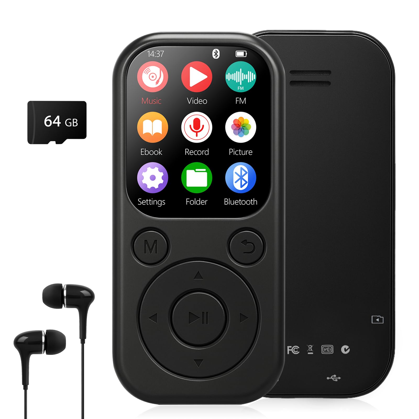 MP3 Player mit Bluetooth 5.3, Tragbarer Musikplayer mit 64GB Speicherkarte, FM Radio, Sprachaufnahme, HiFi Sound, MP3 & MP4 Player, Kinder MP3 Player, Kopfhörer inklusive, Unterstützt bis zu 128GB