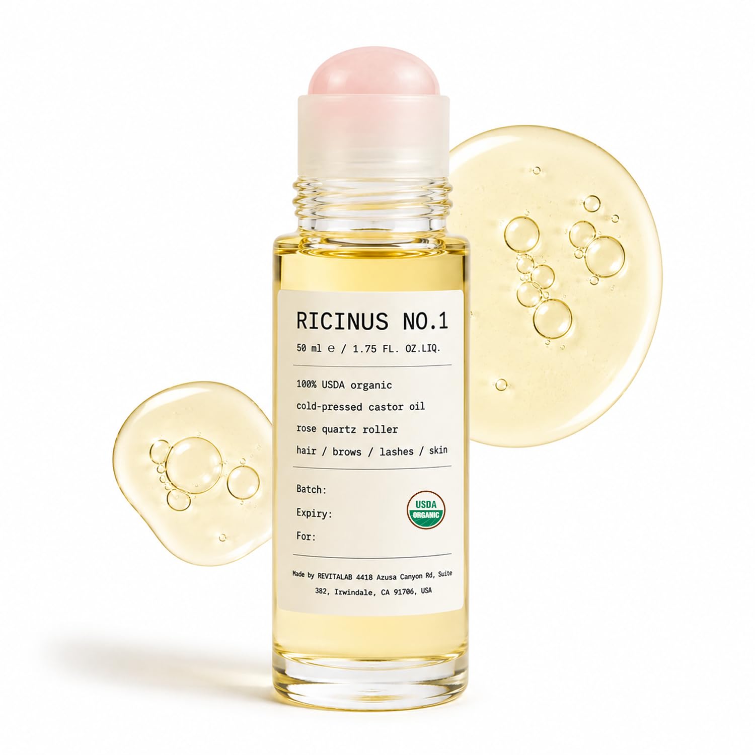 RICINUS NO.1 Organic Cold-Pressed Castor Oil Rose Quartz Roller Ball - 50ml