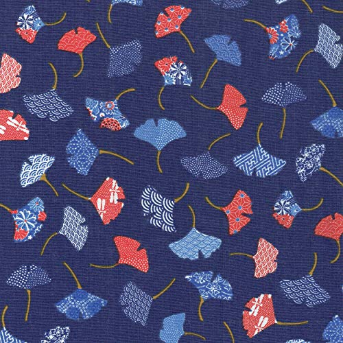 Textiles français Tissu de Coton imprimé | Feuilles de Ginkgo | Rouge, Bleu et Blanc sur Fond Bleu Marine | Largeur: 160 cm (par mètre linéaire)*