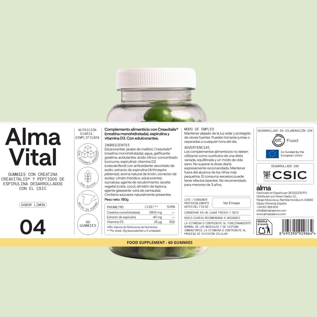 Creatina Monohidratada Creavitalis® ALMA® 300 g y 120 Gominolas de Creatina Creavitalis, Vitamina D3 y Espirulina Hidrolizada sabor limón | Versión Premium Creapure® Monohidrato en Polvo 99,9% Pureza