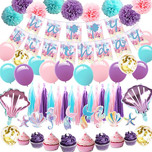 Mermaid Party Supplies - 57 Mermaid Birthday Party Decorations Pack, Including a Glittered