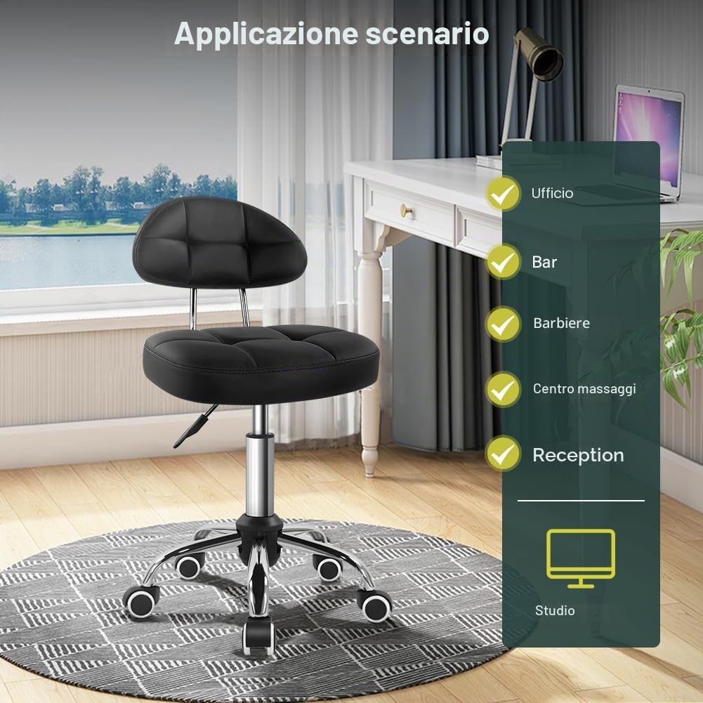 BFTOU Sgabello quadrato girevole su ruote, perfetto per lavoro, spa, negozi, massaggi, altezza regolabile e conveniente, sedia con schienale bianco (nero)