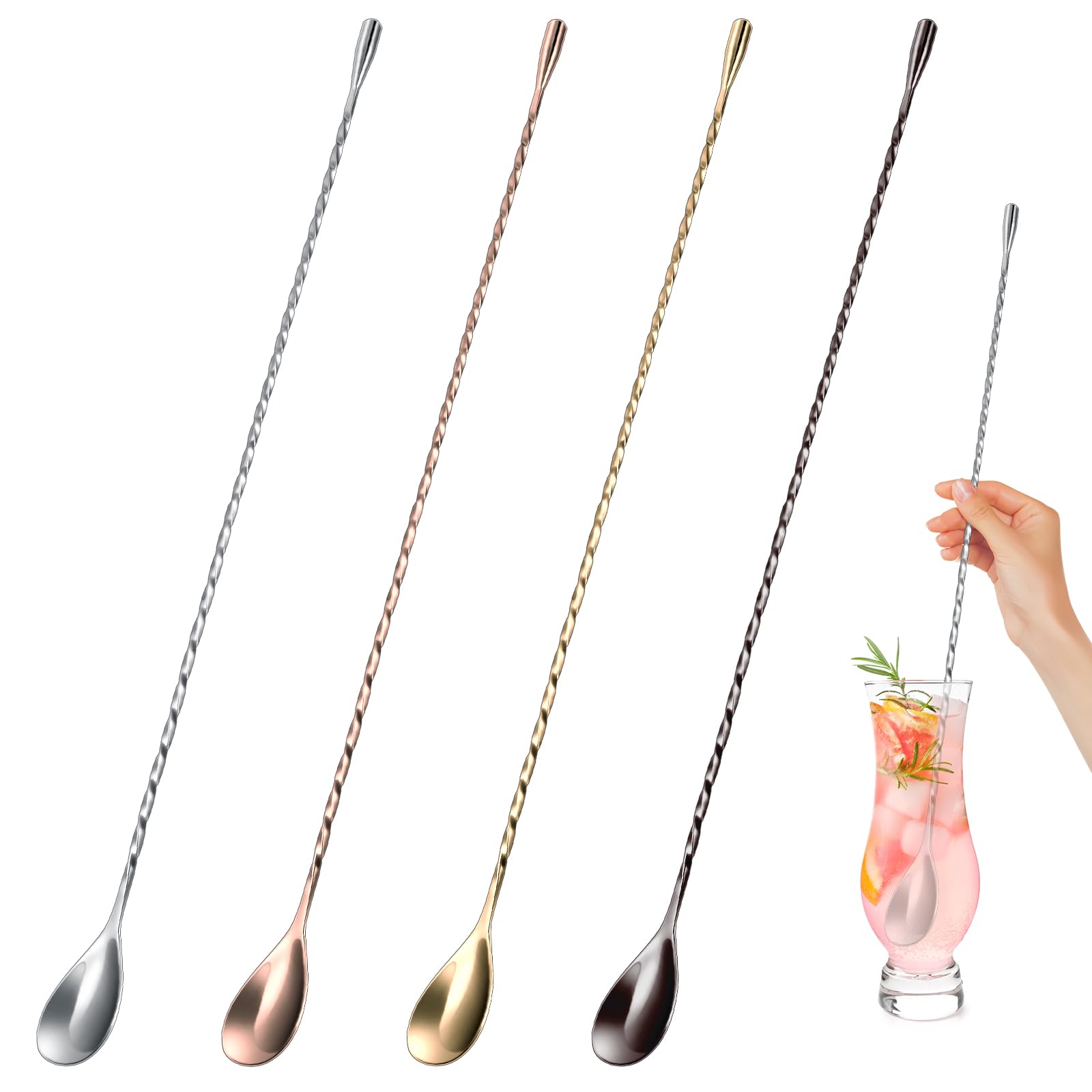 Roshtia 4 Pcs 15.7 Inches Bar Spoon Stainless Steel Cocktail Stirrer Mixing Spoon Spiral Pattern for Bar Cocktail Shaker Tall Cups(Multicolor)