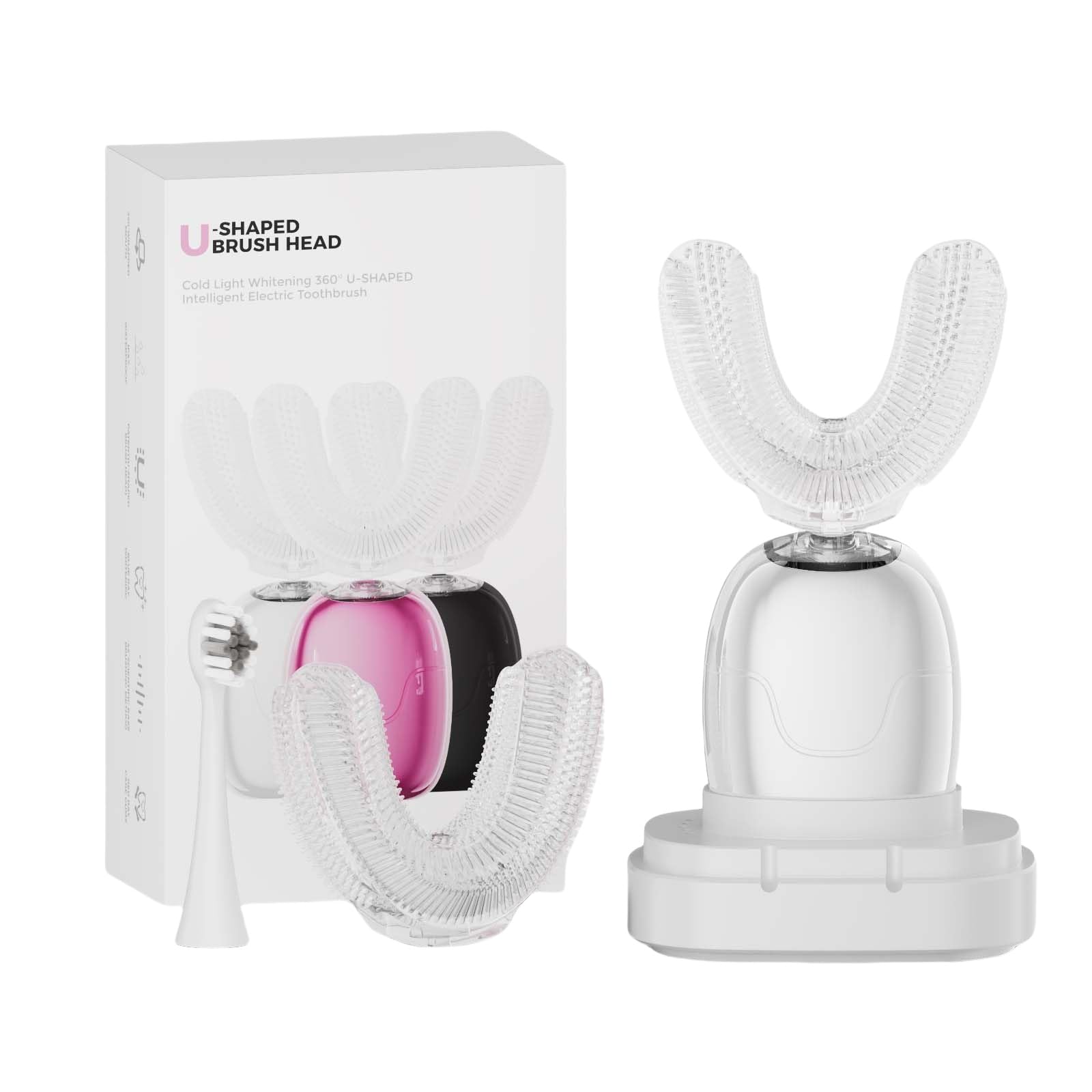 Spazzolino da denti elettrico per adulti a forma di U, pulizia automatica a 360°, 3 modalità di pulizia, ricaricabile, impermeabile (bianco)