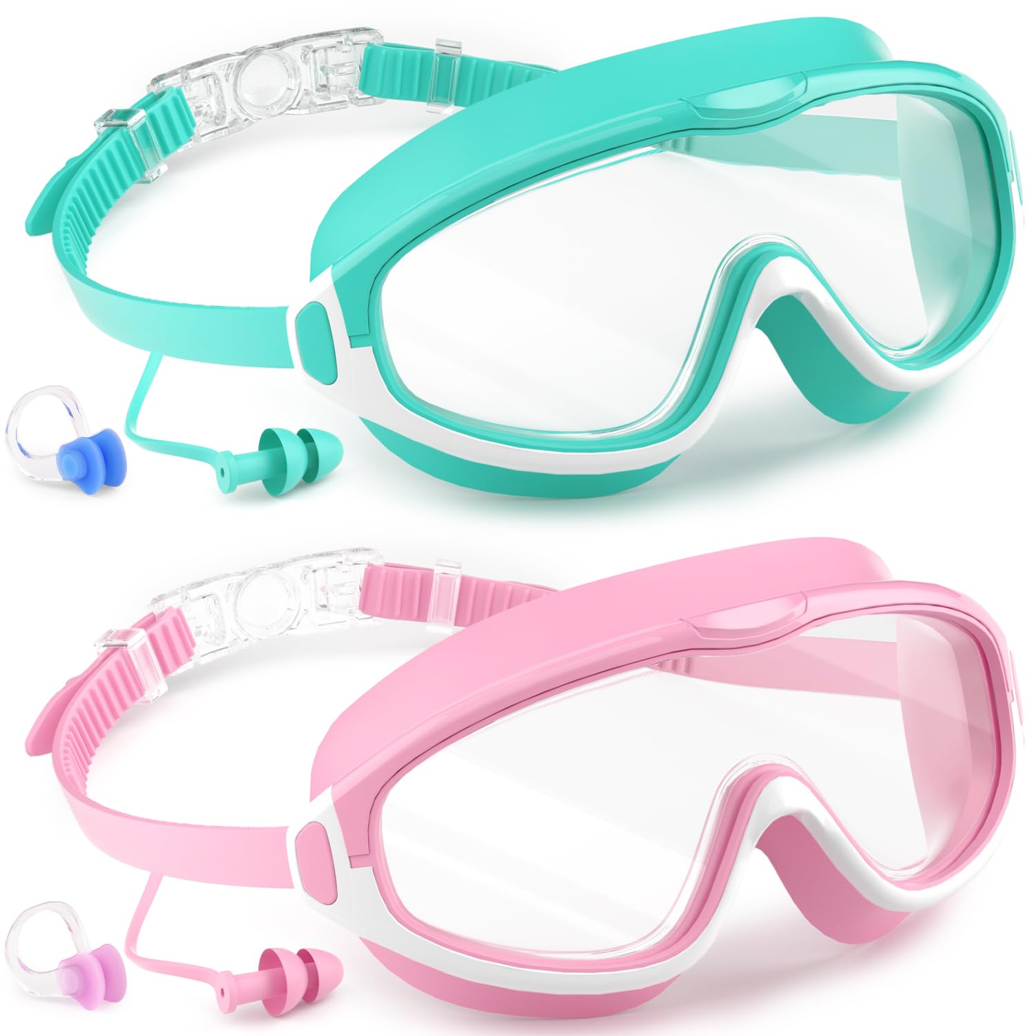 COOLOO 2 Pack Kids Swimming Goggles, Wide View No Leaking Kids Goggles 4-16, Anti-fog & Anti-UV Kids Swim Goggles for Girl Boys Youth