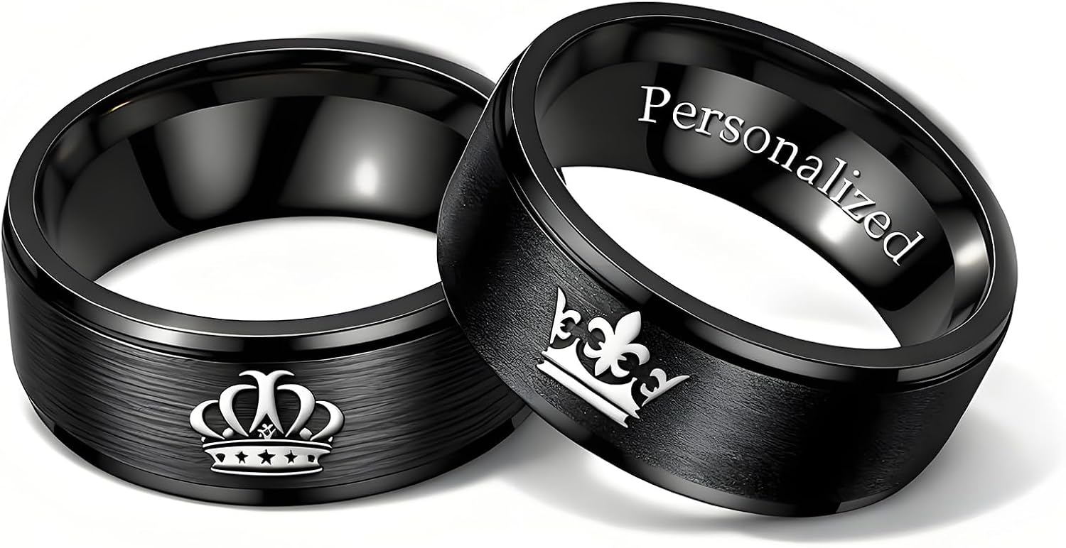 Personalized Photo Crown Ring for Couple Her King His Queen Family Custom Patterns Inside Engraved Text Promise Brithday Gift Titanium Steel Silver Gold Black 8mm 6mm