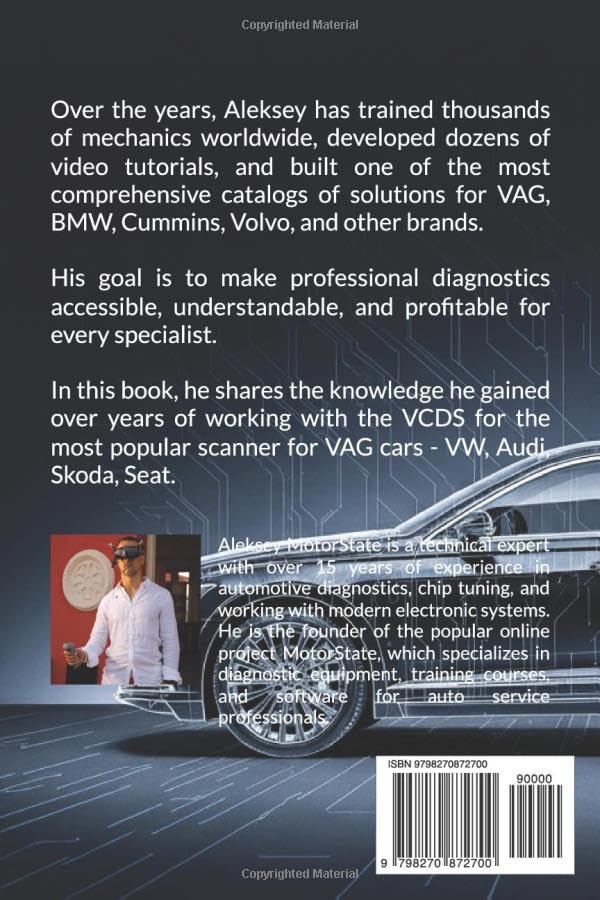 Back cover of the VCDS Master Guide, showing author information, a barcode with ISBN, and a brief description of the author's expertise.