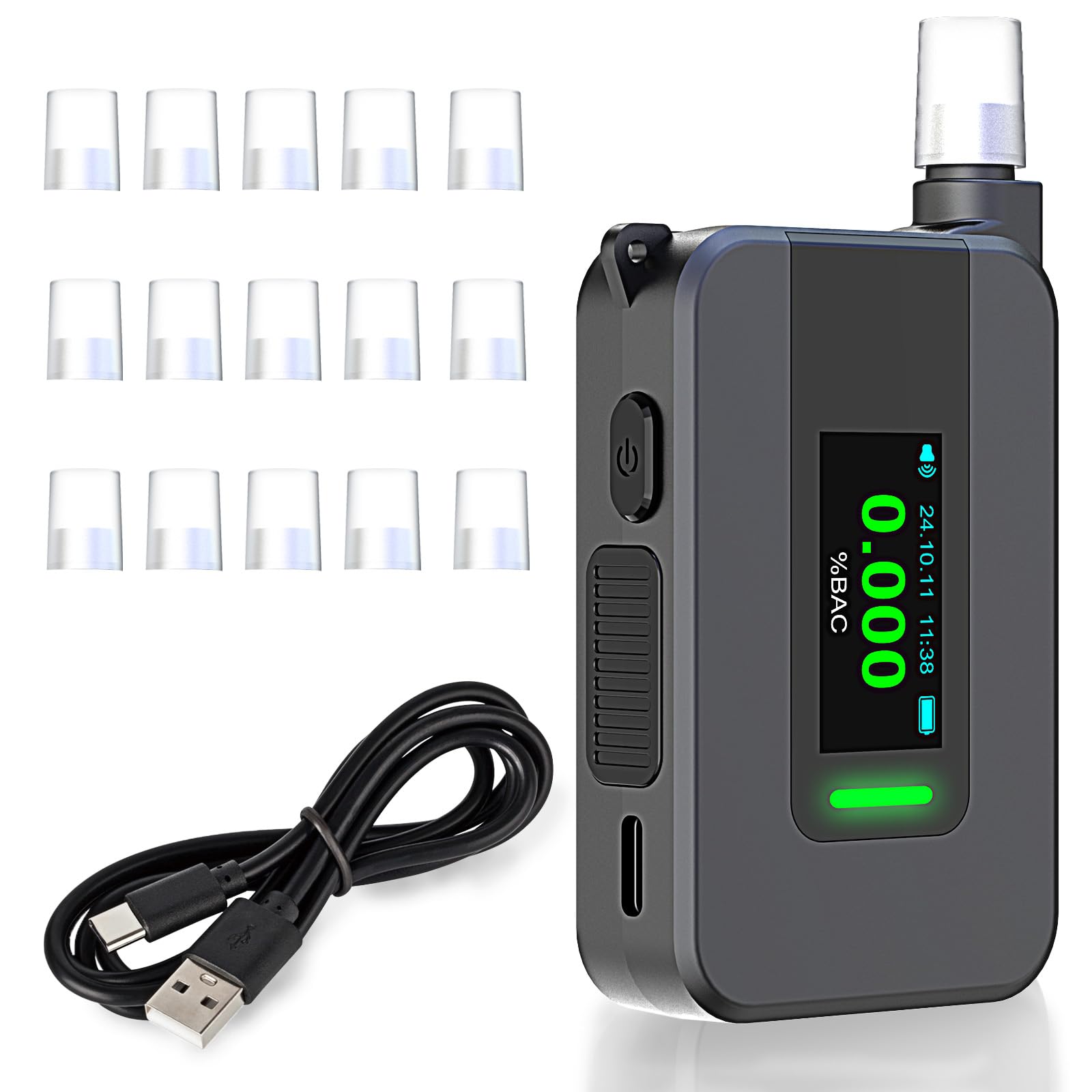 ethylotest electronique avec capteur électrochimique, ethylometre, éthylotest avec 15 Embouts buccaux, alcootest avec écran IPS HD, Comprend Une Batterie intégrée et Un câble de cha