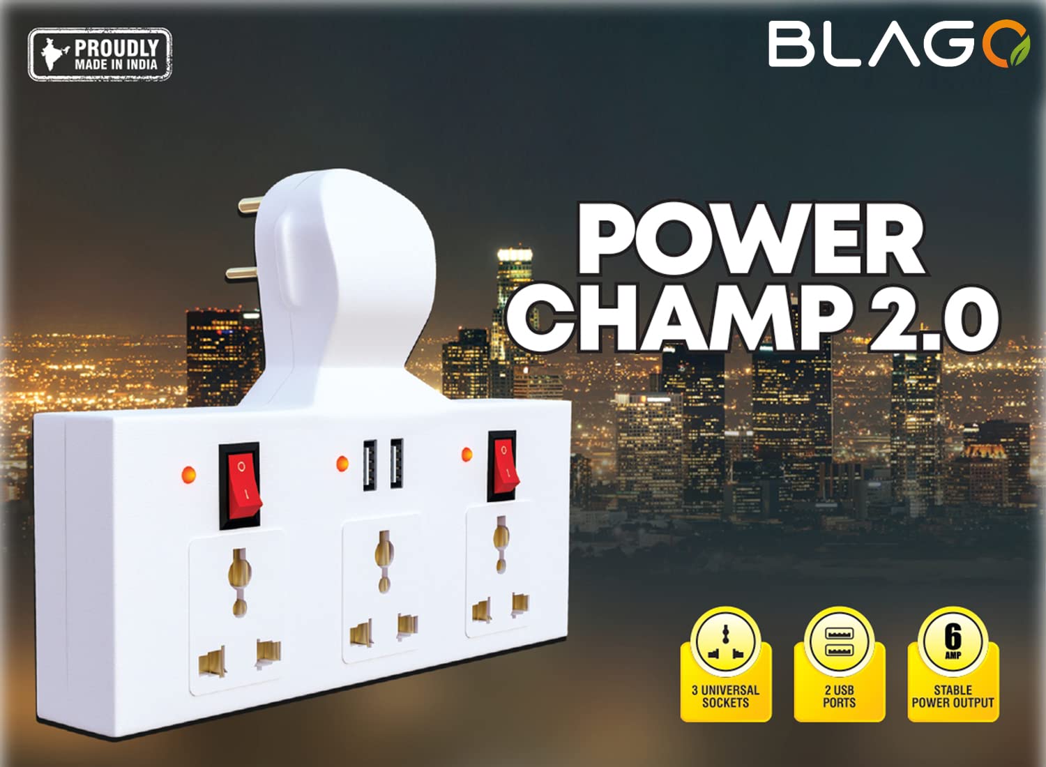 BLAGO 3 PIN Multi Plug with Indicator White and Black,3 Way Switched Adaptor, Universal Plug USB Travel Adaptor (3 pin 2 USB)