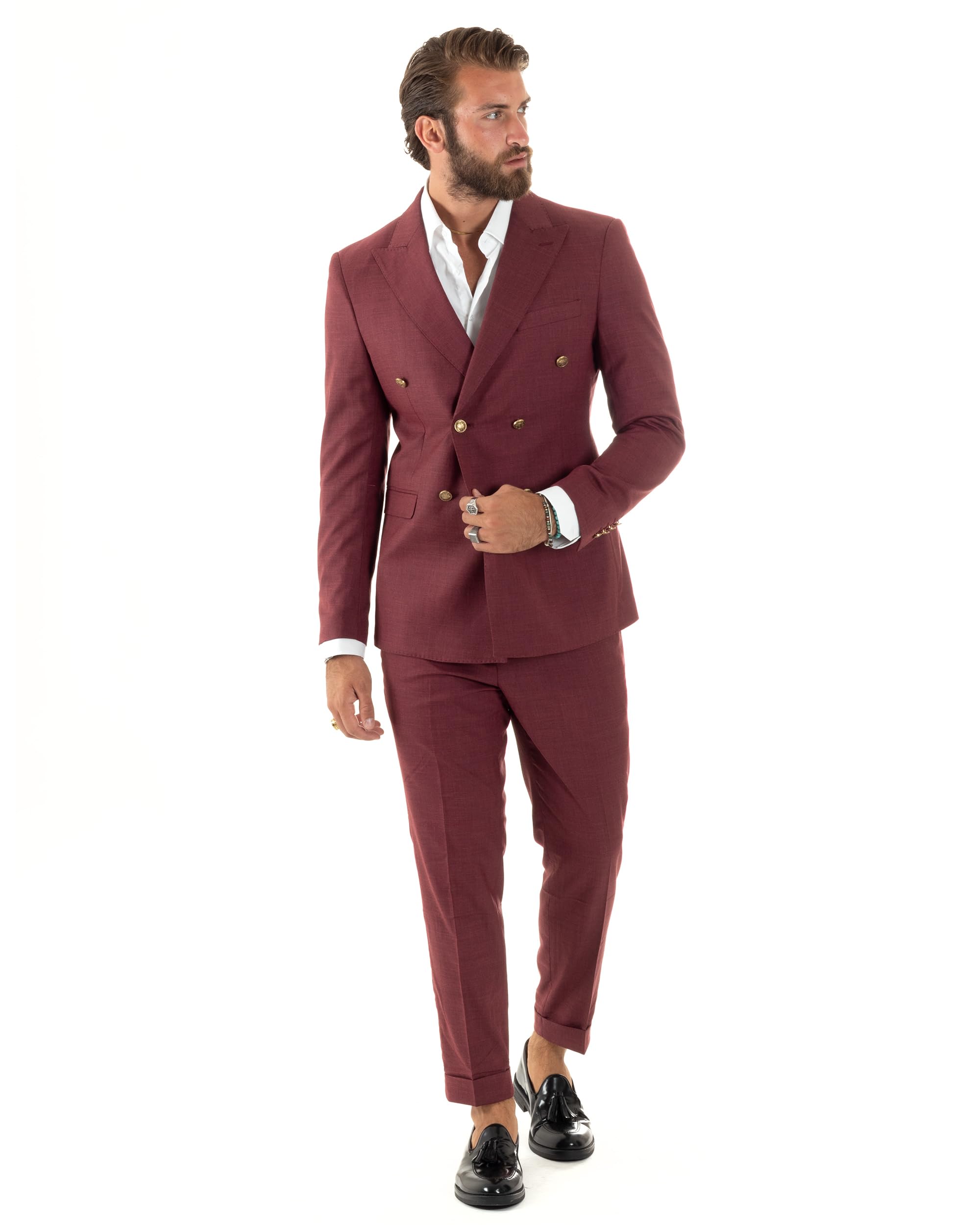 Abito Uomo Doppiopetto Vestito Completo Giacca Pantaloni Bottoni Metallo Melangiato Elegante Vari Colori