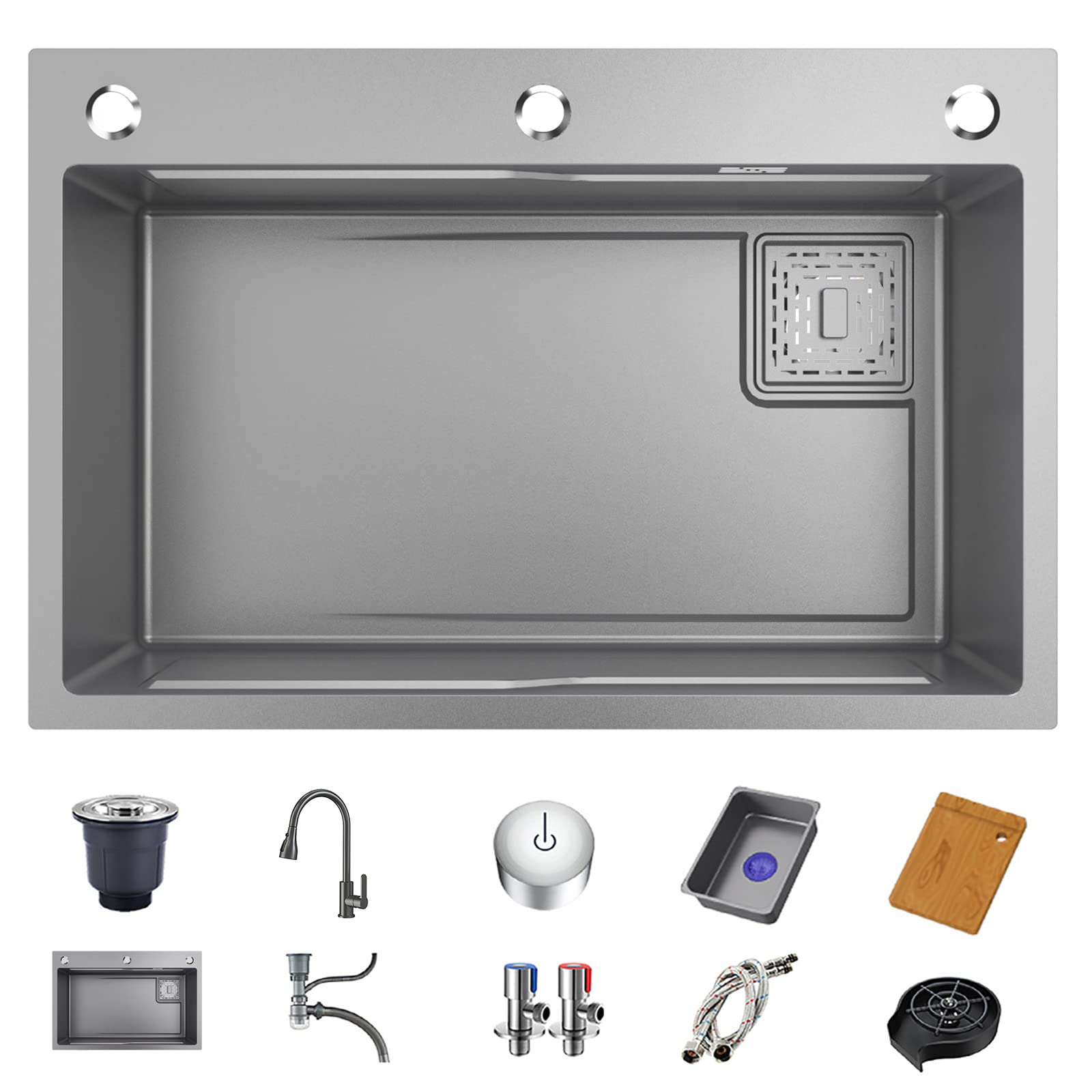 ECTbicyk Undermount Kitchen Sink,75 x 45 cm Single Bowl Stainless Steel Kitchen Sink, Bar or Prep Kitchen Sink with Accessories （Pack of 10 Built-in Components） Grey