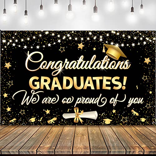 Image of Graduation Decorations 2026 | XtraLarge Congrats Grad Banner - 72x44 Inch, Graduation Banner | Congratulations Backdrop | Black and Gold We are So Proud of You Backdrop Class of 2026, KatchOn
