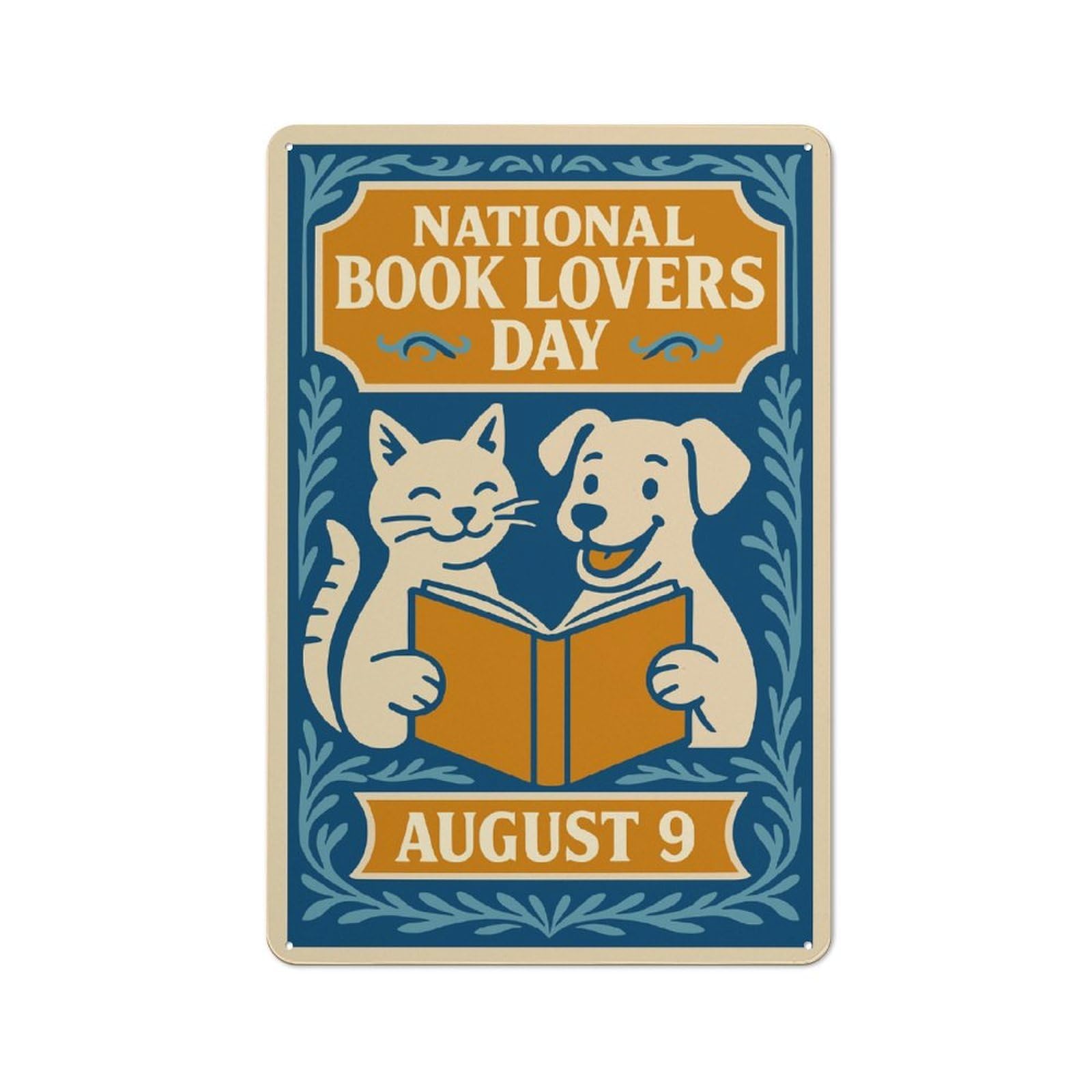 Junmoney Style-24 National Book Lovers Day Illustration Retro Tin Wall Plaque 30X20cm For Guest Room Or Hallway, For Vintage Wall Decor Fans, For Themed Room Decoration