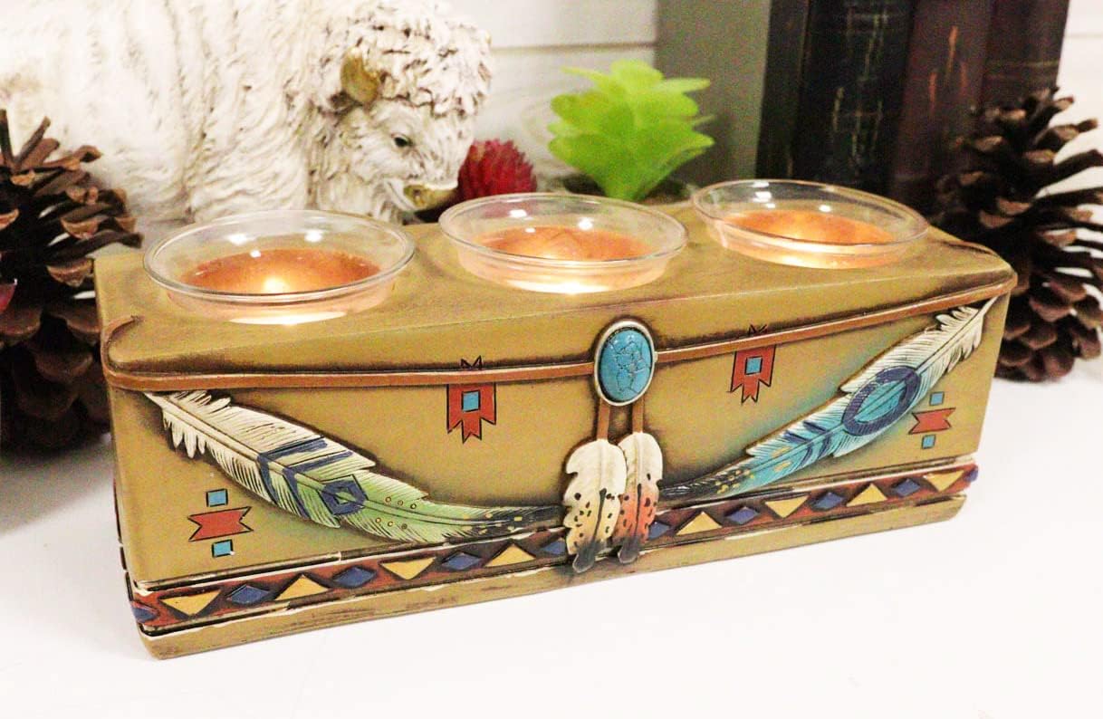 Ebros Gift Colorful Southwest Native American Indian Colorful Dreamcatcher Feathers and Navajo Vector Symbols Decorative Trio Tea Light Votive Candles Holder Figurine Candleholder Accent