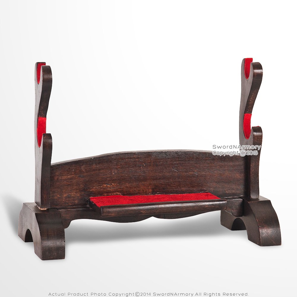 Munetoshi 2 Tier Solid Wood Samurai Sword Display Stand w/ Dark Stain Finish Velvet Lined