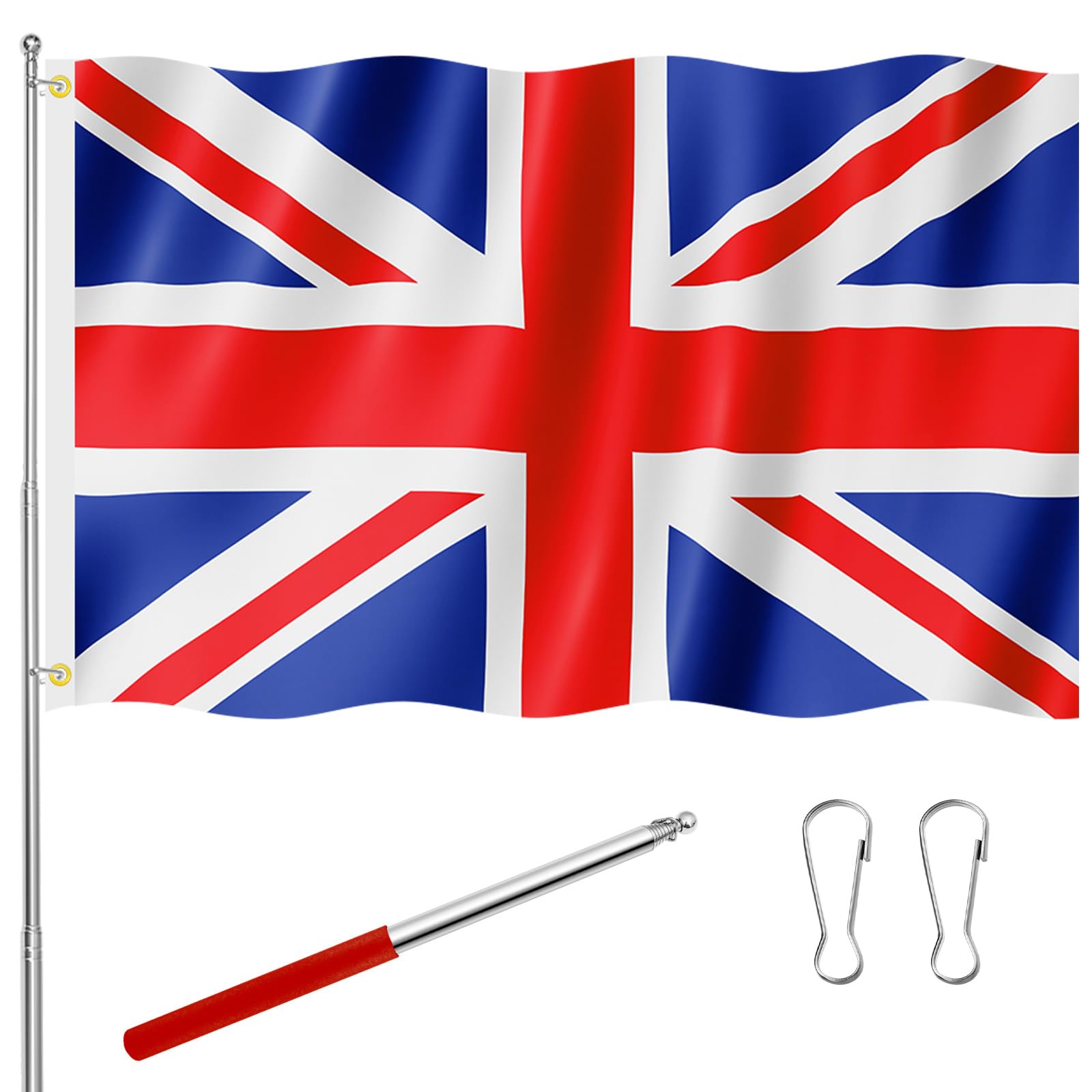 Tatuo 5ft x 3ft United Kingdom UK Flag with Stainless Steel Flagpole British National Flags Polyester Vivid Color and Fade Proof for Indoor Outdoor Football Rugby Sports Fans Theme Party Decor