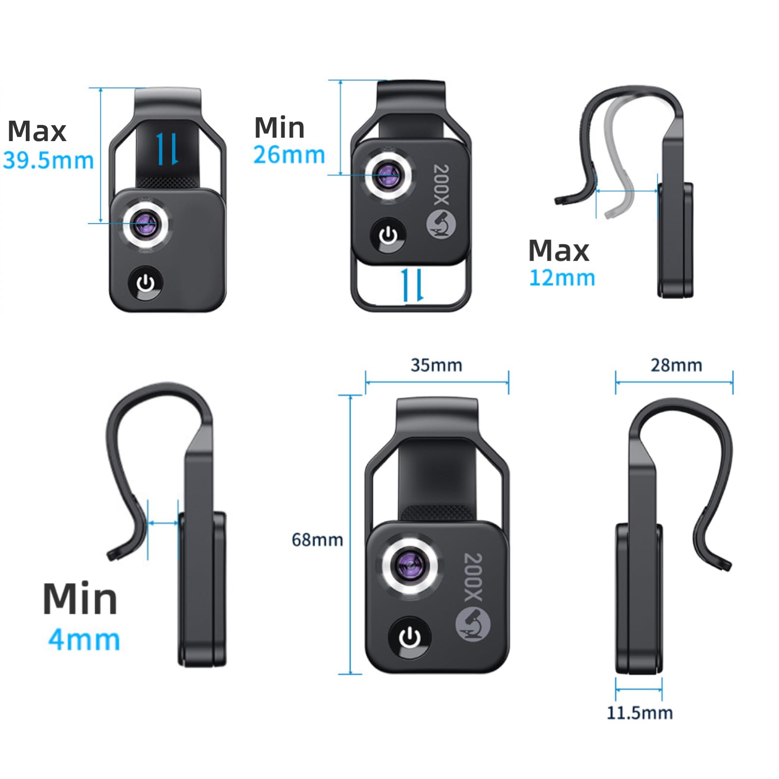 Yunseity 200X Telefonmikroskop, Taschenmikrofon, Kameraobjektivbefestigung mit Universalclip, CPL-Objektiv Eingebettet, für, Android 99% Smartphones(Schwarz)