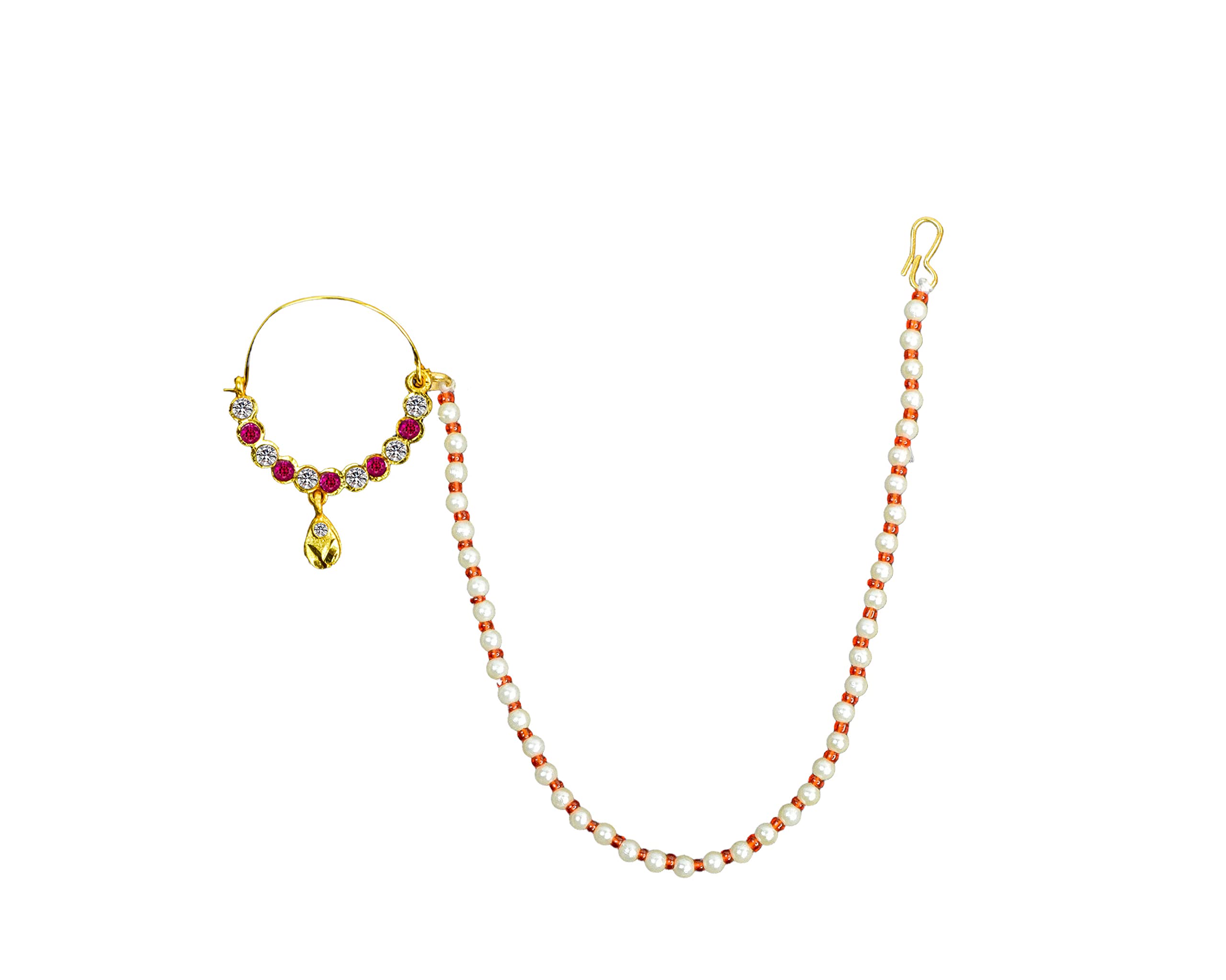 jewelopia Gold Plated Pearl Nath Chain Pierced Red and Green Nathiya Nose Ring For Women and girls-picture-23