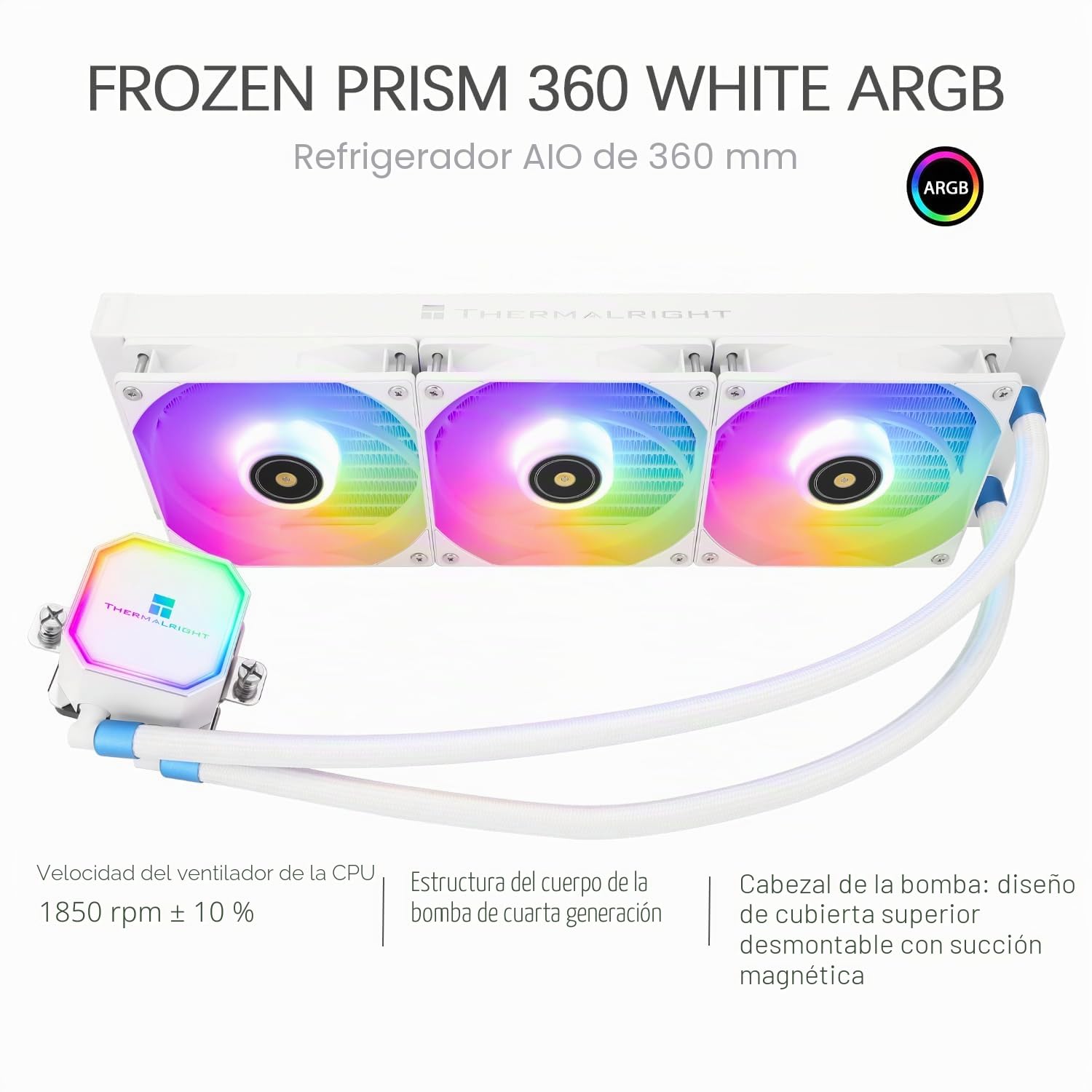 TR-Thermalright Frozen Prism 360 White ARGB Enfriador líquido para CPU, enfriador Aio 360 mm, ventilador 3 x 120 mm-2000 rpm, para AM4 /AM5, Intel LGA1851/1700/115X