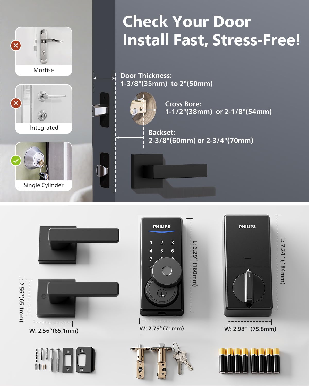 Philips Built-in WiFi Smart Lock + 2 Levels, Smart Locks for Front Door, Digital Keypad Deadbolt with Handle, Fingerprint, PIN Code, App Remote Control & Voice Unlock, Keyless Entry, Auto Locking