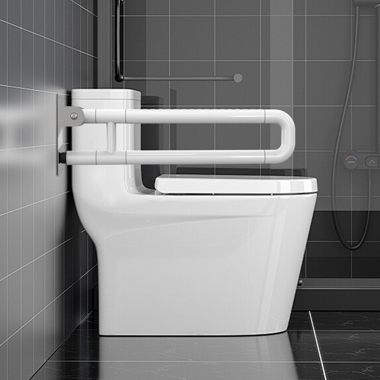 Barras de Apoyo para Baño, 80cm De Acero Inoxidable de Pie Inodoros Manija Antideslizante Barra Abatible Para Inodoro, Minusválidos WC, Barra Baño Minusválido (Blanco)