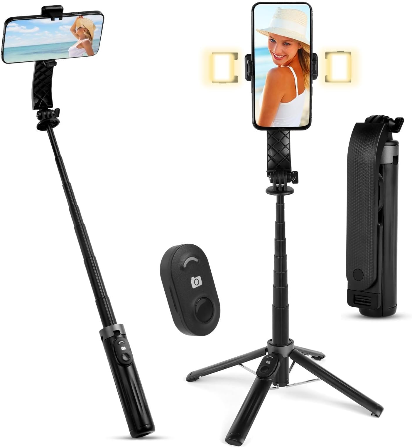 flintronic Selfie Stick Tripod with 2 Rotatable Fill Light, Reinforced Stable Tripod with Wireless Remote Control, 100CM Extendable Portable Aluminum Selfie Stick Compatible with iPhone, Cameras