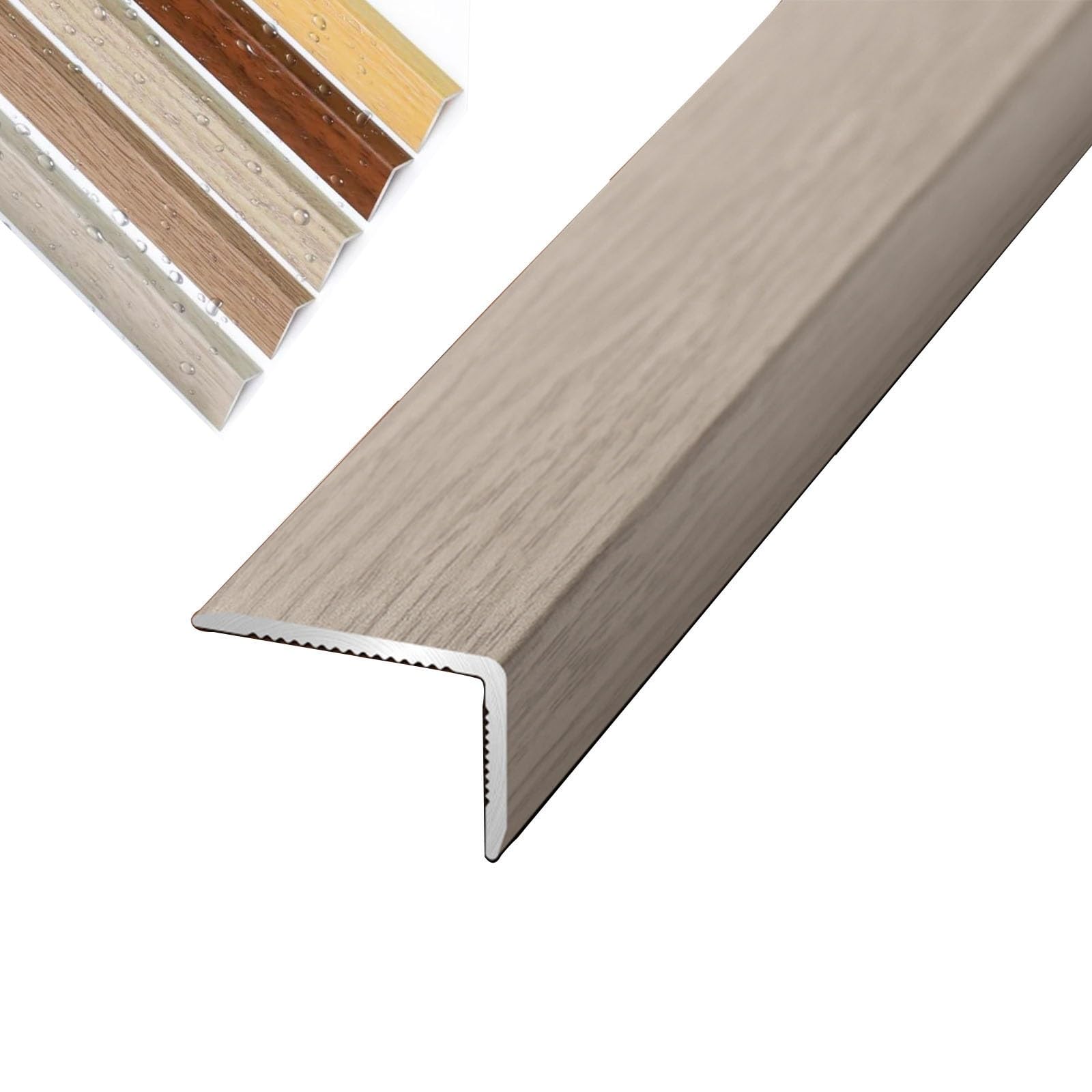 Floor Transition Strip Aluminum Stair Edge Nosing with Wood Grain，90cm L Shaped Doorway Trim, Grain Corner Wall Protector for Cabinet/Baseboard/Threshold(Hazy Time,W2.5CM)