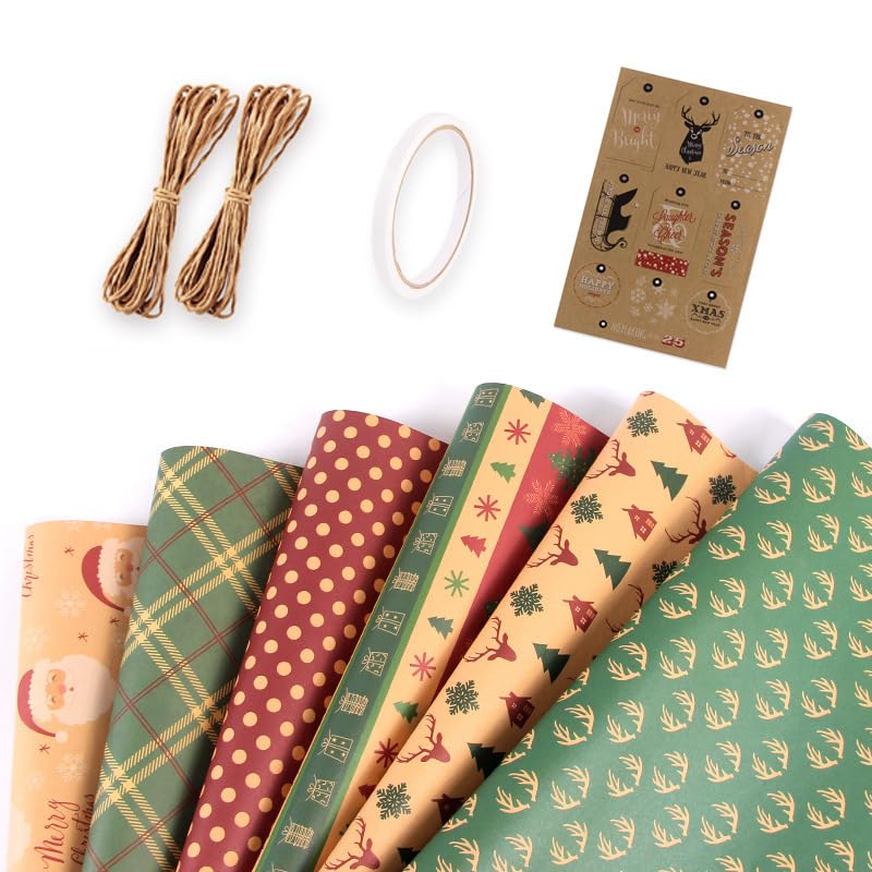 Gift Wrapping Paper Set, 6 Pieces of Vintage Christmas Wrapping Paper, Foldable Wrapping Paper, Perfect for Boys and Girls Weddings, Bridal Shower (50 * 70 Cm)