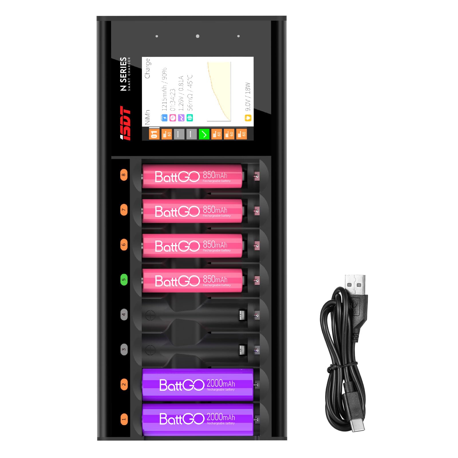 ISDT N8 Akku Ladegerät für AA und AAA Batterien, 8-Slot Batterieladegerät mit USB-C Schnellladefunktion und LCD Display, Automatische Akku-Typ-Erkennung, Verfügt über eine Entladefunktion