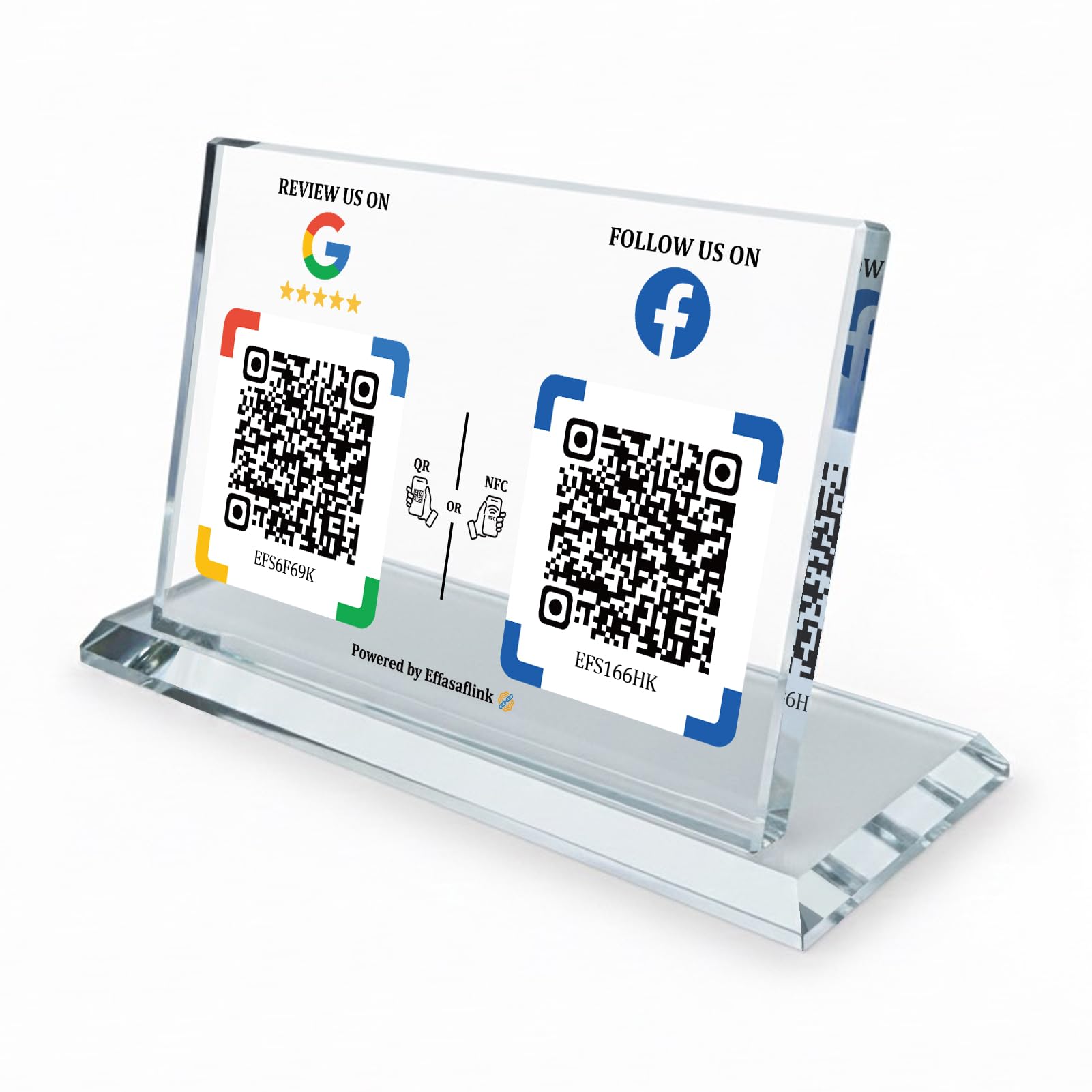 Crystal Display Stand with Dual QR & NFC Sign - Compatible with Google & Facebook, Easy and Fast Access to Social Media Page for Customers - Perfect for Promoting Social Media Following