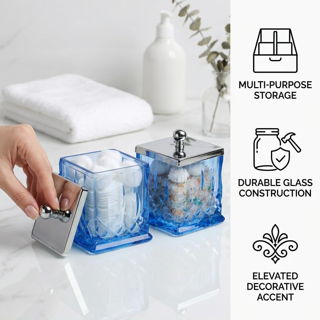 2 Pack Glass Qtip Holder Dispenser Set, Square Bathroom Apothecary Jars with Silver Lid for Cotton Swabs, Balls, Pads, Floss Picks, Vanity Storage Container for Makeup, Candy, Jewelry(15 Oz, Blue)