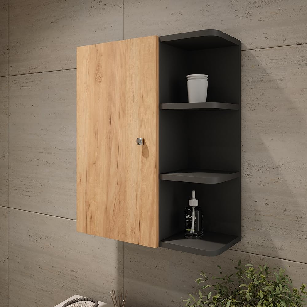 Vicco Armoire Suspendue Fynn, Anthracite/chêne doré, 47.2x59.2cm, pour Montage Mural avec étagères Ouvertes