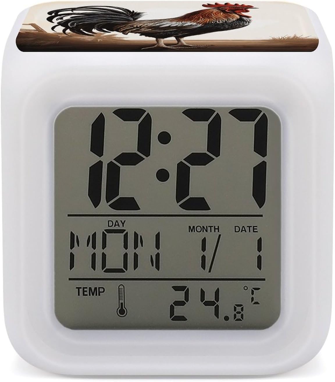 Digital LED Color Change Alarm Clock, Rooster Wake-up Clock with Temperature, Home Decor Alarm Clock with Night Light for Home Bedroom Office