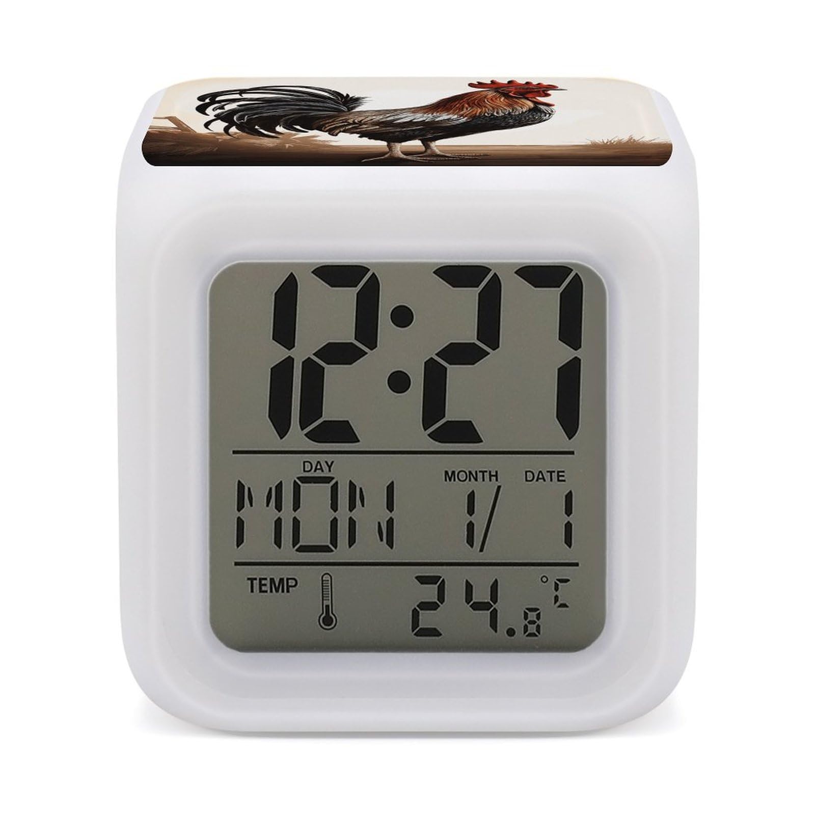Digital LED Color Change Alarm Clock, Rooster Wake-up Clock with Temperature, Home Decor Alarm Clock with Night Light for Home Bedroom Office