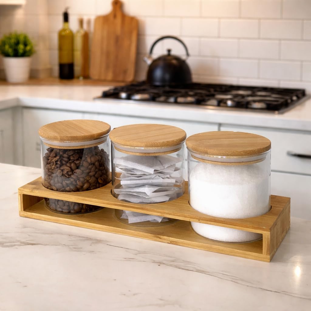 Dylex Set Of 3 Glass Tea Coffee Sugar Jars Canisters with Bamboo Stand Kitchen Storage