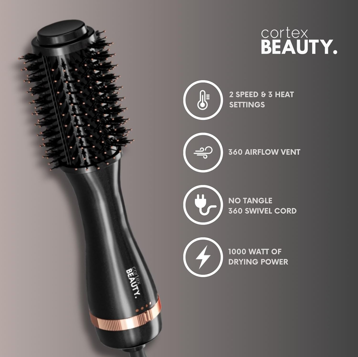 Cortex Beauty Infrared Infrared Volumizing Blowout Brush - blow dryer brush, round brush for blow drying, tools blow dryer brush, blow dryer with comb for women, for all hair types, 2'' (BlackGold)